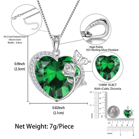 Women Heart Necklace Butterfly Rose Flower Pendant May Birthstone Emerald Green 925 Sterling Silver Jewelry Mother's Day Gift for Mom Grandma - Aurora Tears