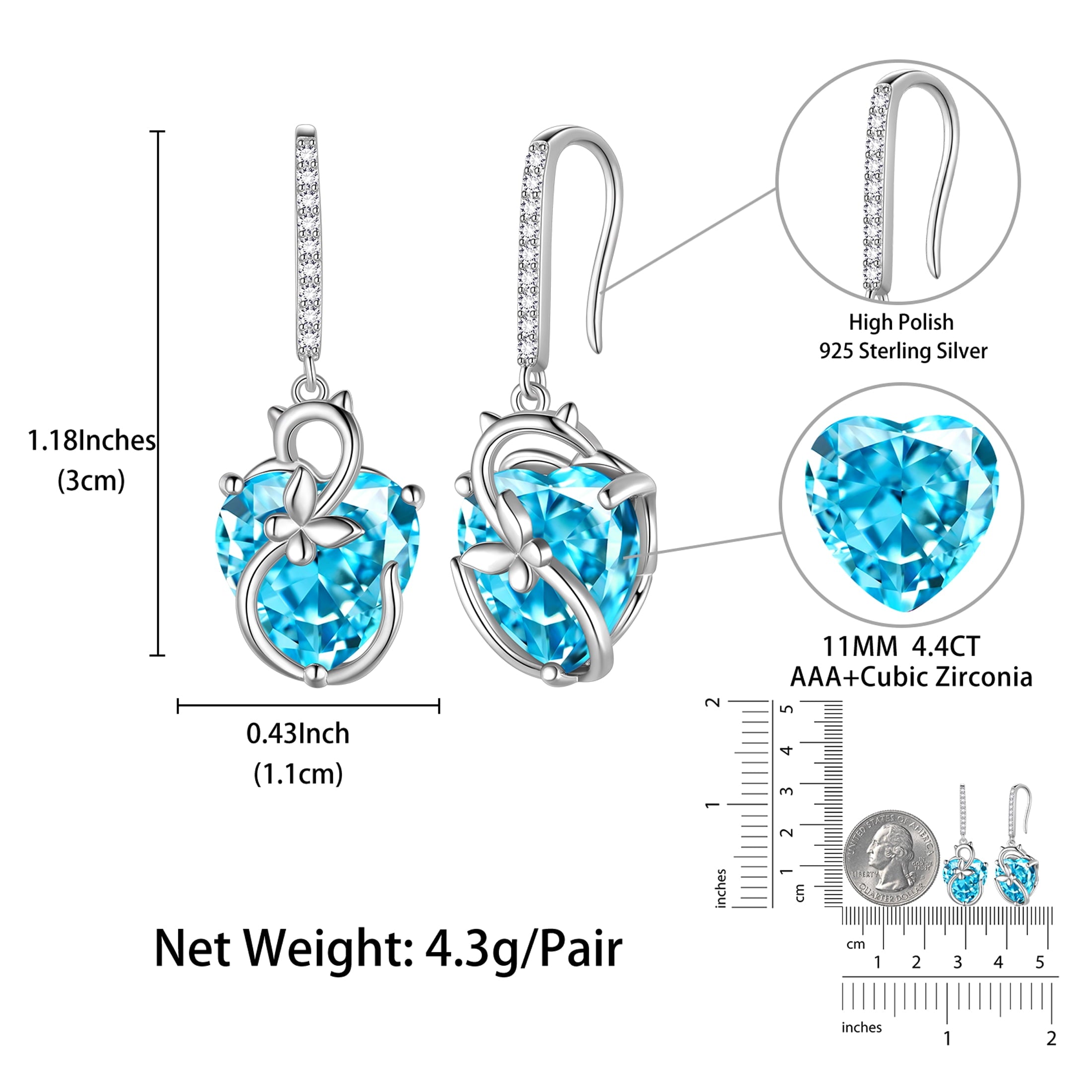 Cat Butterfly Earrings for Women 925 Sterling Silver Earrings Dangle Drop Hook Blue Heart Aquamarine March Birthstone Jewelry Mother Christmas Birthday Valentine's Day Gifts for Mom Wife - Aurora Tears