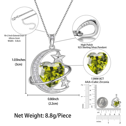 13MM Women Moon and Star Necklace Heart August Birthstone 925 Sterling Silver Pendant Green Peridot Celestial Jewelry Christmas Birthday Valentines Gift for Her/Wife/Mother - Aurora Tears