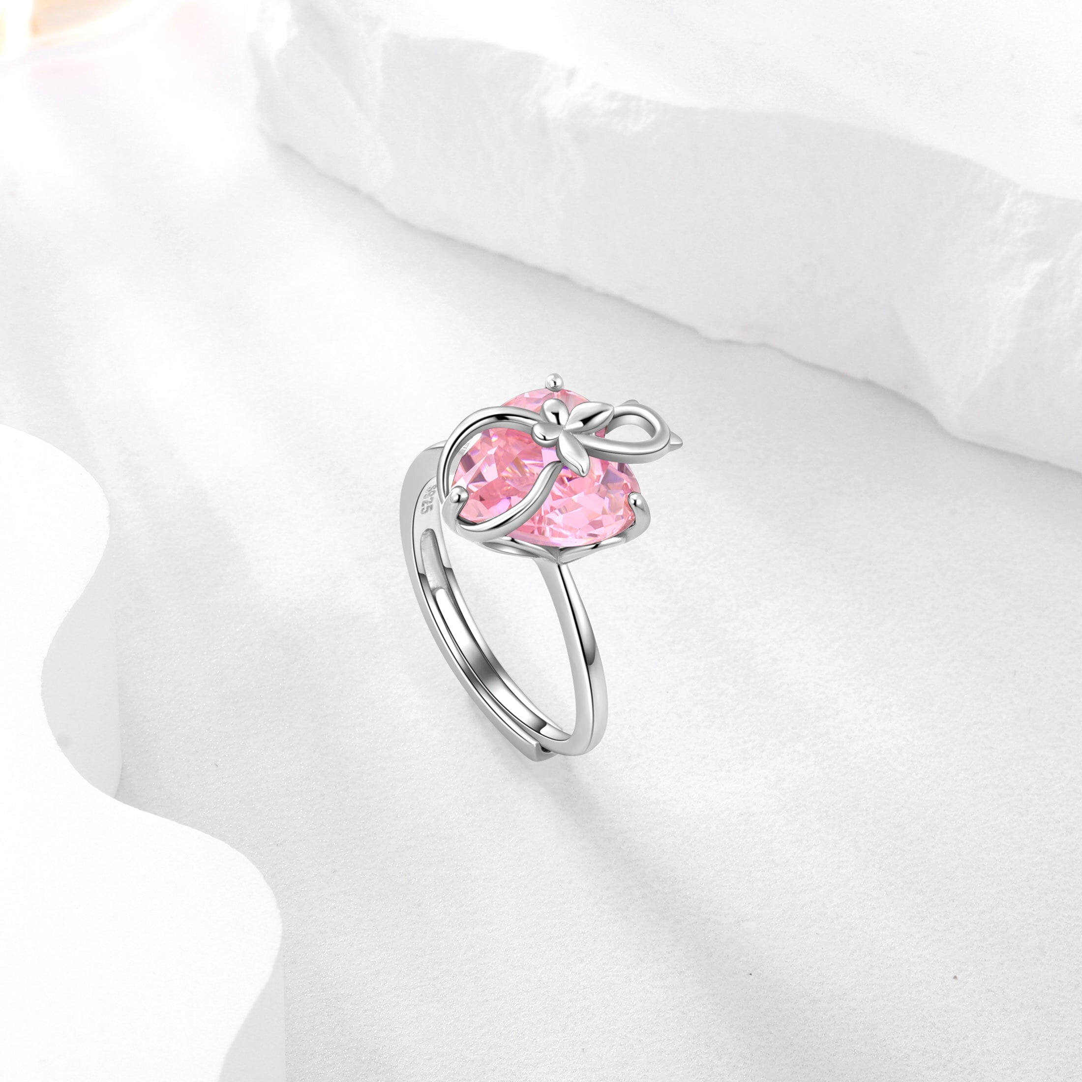 Women Heart Ring 925 Sterling Silver Cat Butterfly October Birthstone Tourmaline Pink Solitaire Ring Jewelry Mother Birthday Valentine's Day Gifts - Aurora Tears