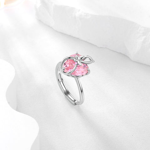 Women Heart Ring 925 Sterling Silver Cat Butterfly October Birthstone Tourmaline Pink Solitaire Ring Jewelry Mother Birthday Valentine's Day Gifts - Aurora Tears