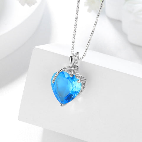 Dragonfly Necklace Heart March Birthstone Necklace Aquamarine 925 Sterling Silver Pendant Blue Jewelry Women Birthday Christmas Mother's Day Gifts - Aurora Tears