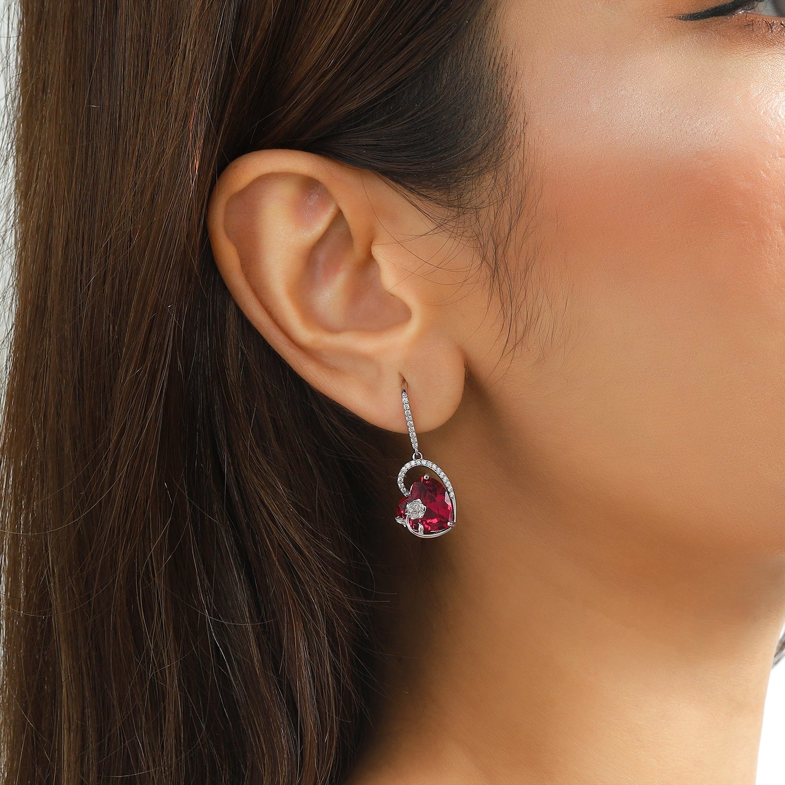 925 Sterling Silver Earrings Women Heart July Birthstone Hook Dangle Earrings Ruby Red Rose Jewelry Mother Christmas Valentine's Day Gift - Aurora Tears