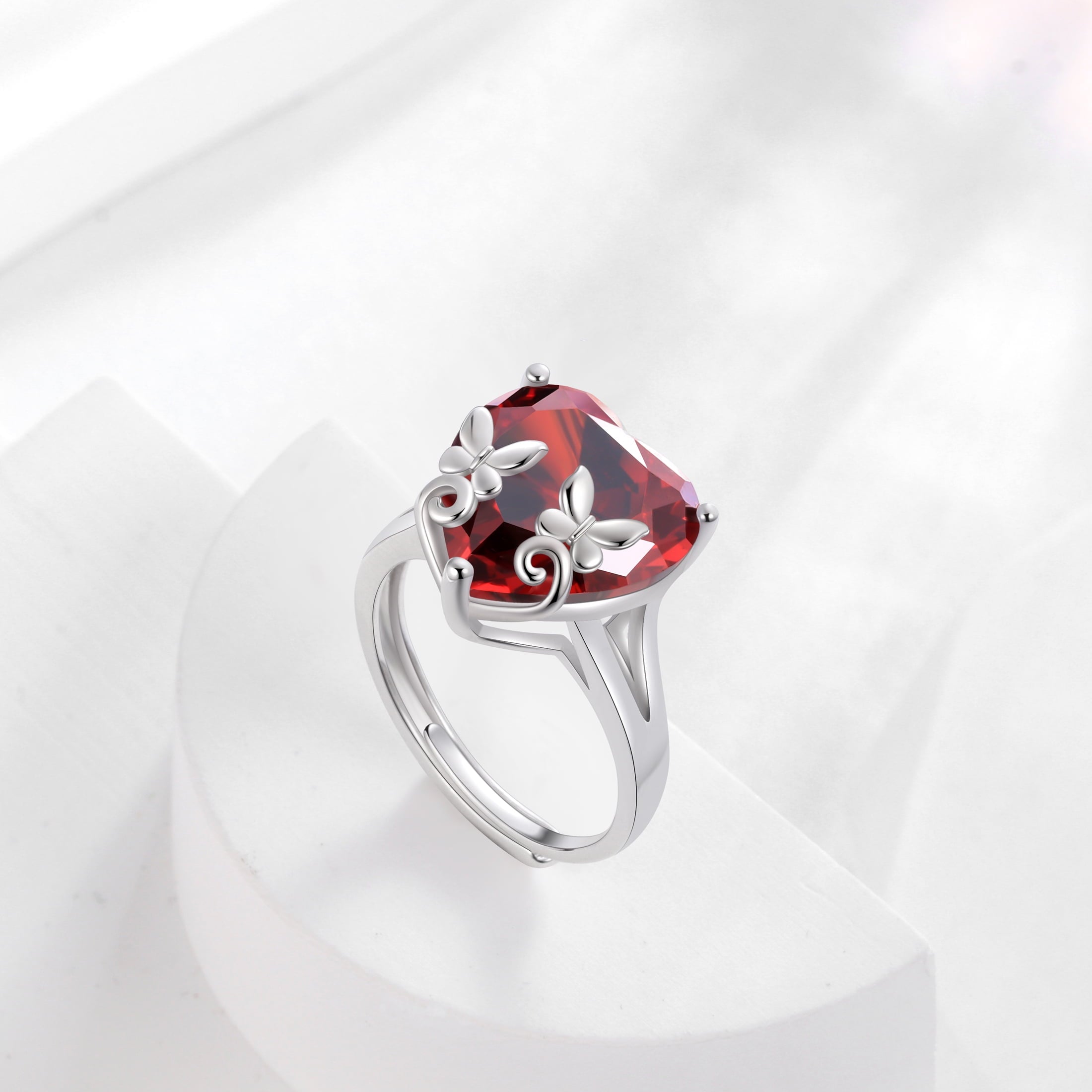 9Ct Women Heart Ring 925 Sterling Silver Butterfly January Birthstone Red Garnet Solitaire Ring Jewelry Mother Birthday Valentine's Day Gift - Aurora Tears