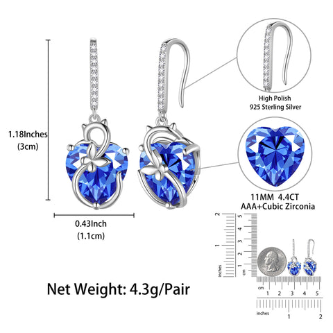 Cat Butterfly Earrings for Women 925 Sterling Silver Earrings Dangle Drop Hook Blue Heart Tanzanite December Birthstone Jewelry Christmas Birthday Valentines Day Gift for Mother Wife - Aurora Tears