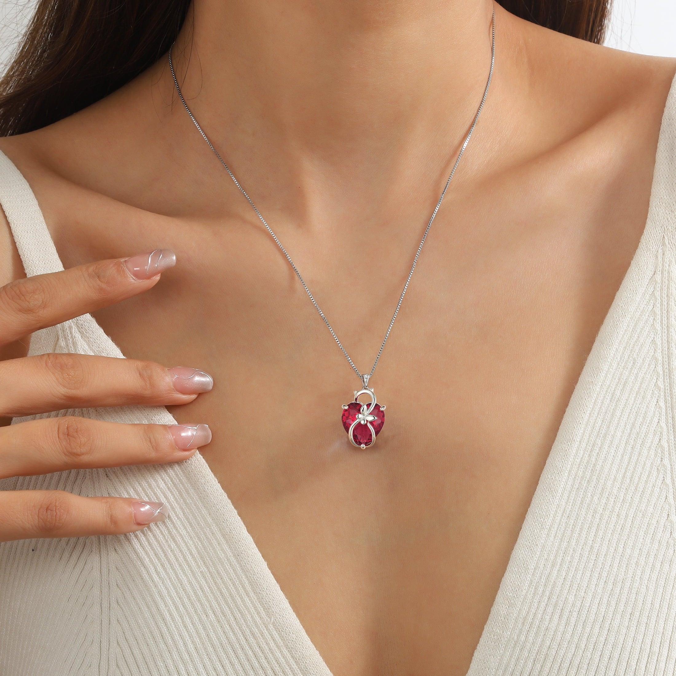 15MM Women Cat Necklace Heart July Birthstone 925 Sterling Silver Pendant Red Ruby Butterfly Jewelry Mother Birthday Valentine's Day Gift - Aurora Tears