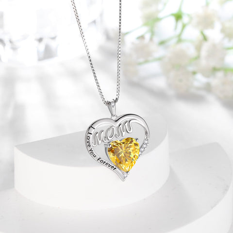 Women Mom Necklace Heart November Birthstone Necklace Citrine Yellow Sterling Silver Pendant Jewelry Thanksgiving Christmas Birthday Mother's Day Gifts - Aurora Tears