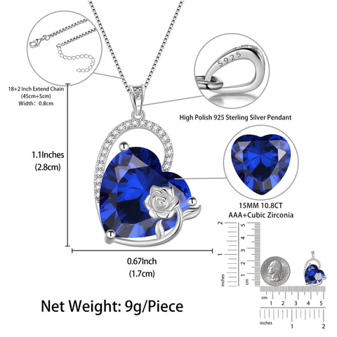 925 Sterling Silver 15MM Heart Necklace Women September Birthstone Sapphire Blue Jewelry Rose Flower Pendant Mom Christmas Valentine's Day Gift for Her - Aurora Tears