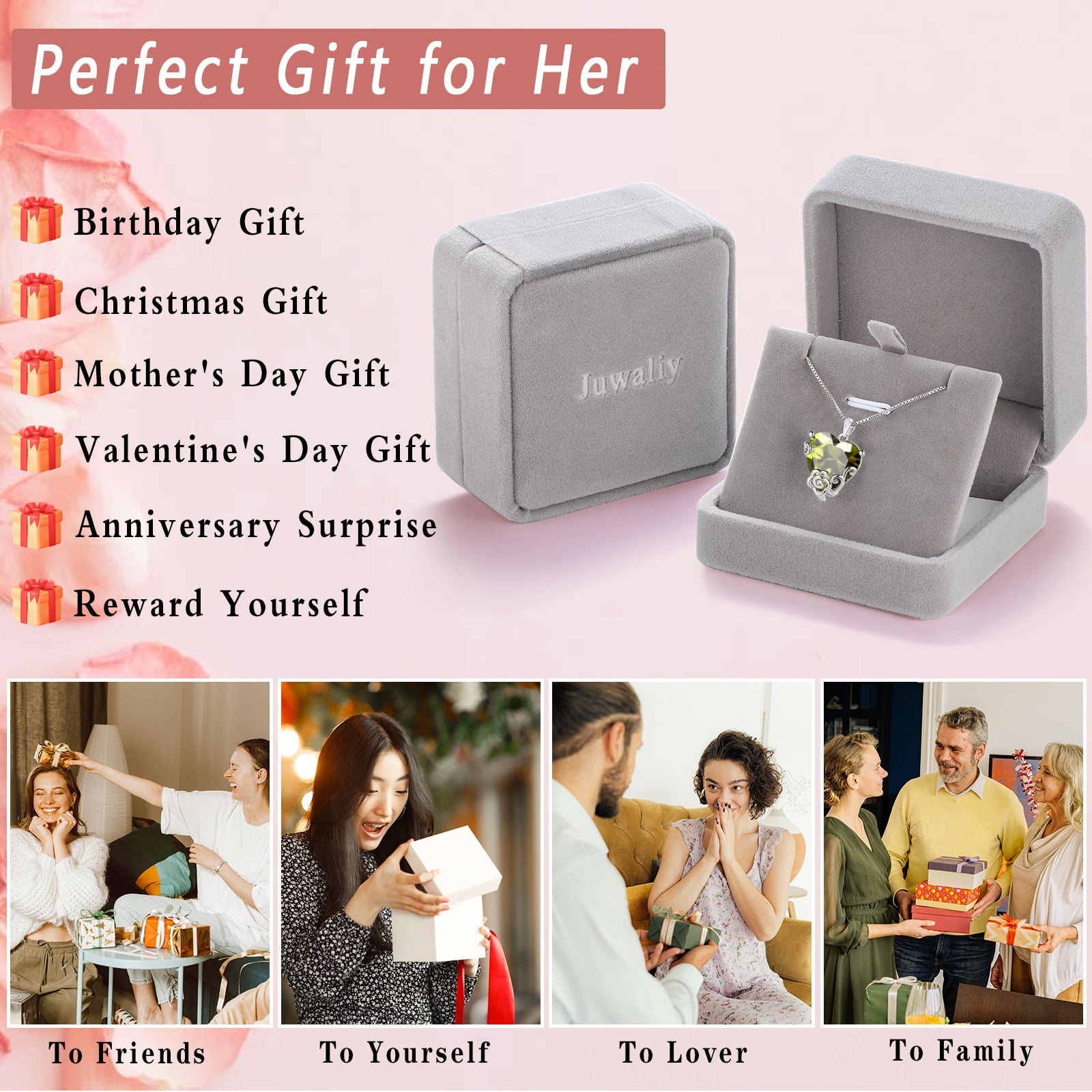 Women Heart Necklace August Birthstone Peridot Jewelry 925 Sterling Silver Flower Rose Pendant Mom Christmas Birthday Mother's Day Gift - Aurora Tears