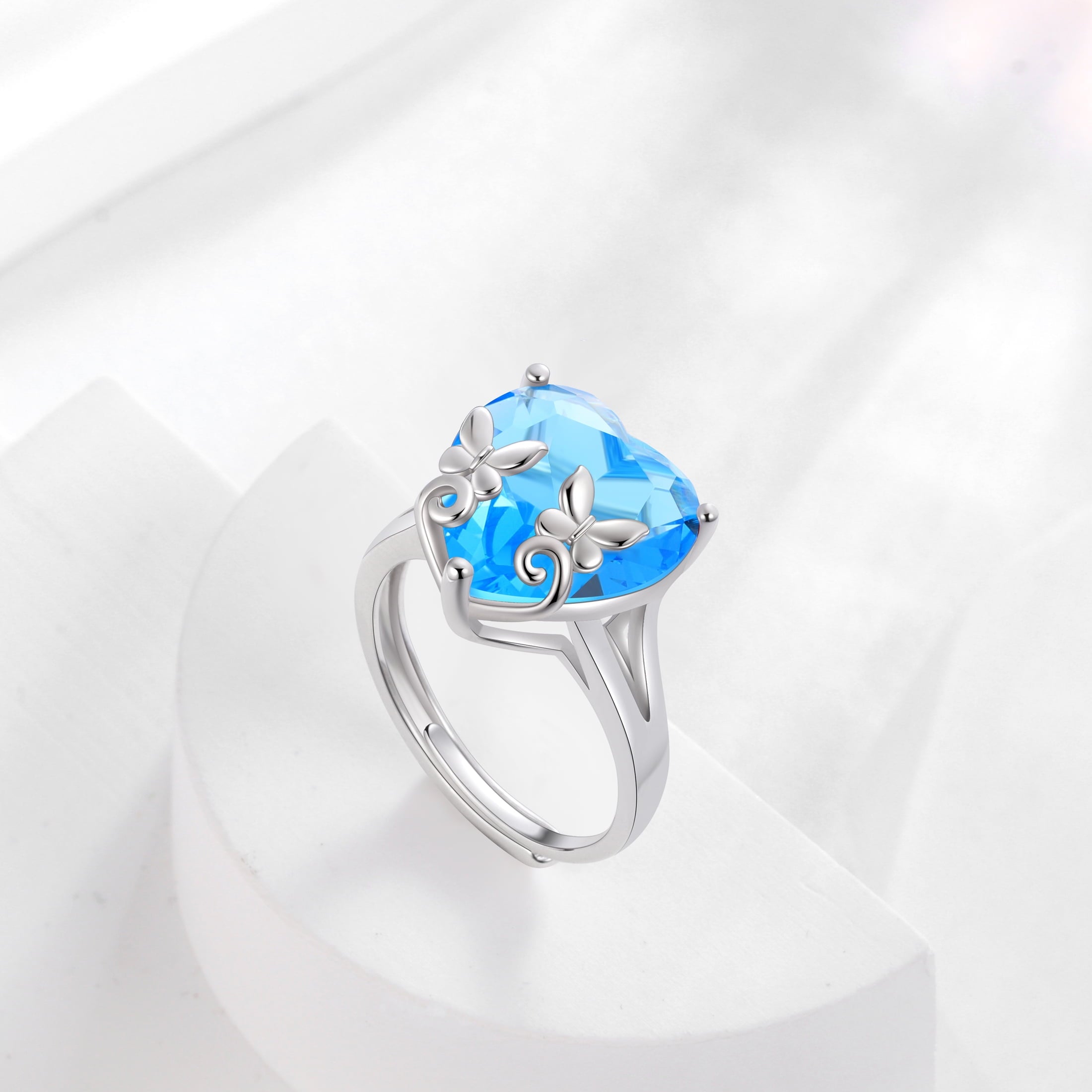 9Ct Women Heart Ring 925 Sterling Silver Butterfly March Birthstone Aquamarine Blue Solitaire Ring Jewelry Birthday Gift for Mother - Aurora Tears