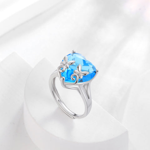 9Ct Women Heart Ring 925 Sterling Silver Butterfly March Birthstone Aquamarine Blue Solitaire Ring Jewelry Birthday Gift for Mother - Aurora Tears