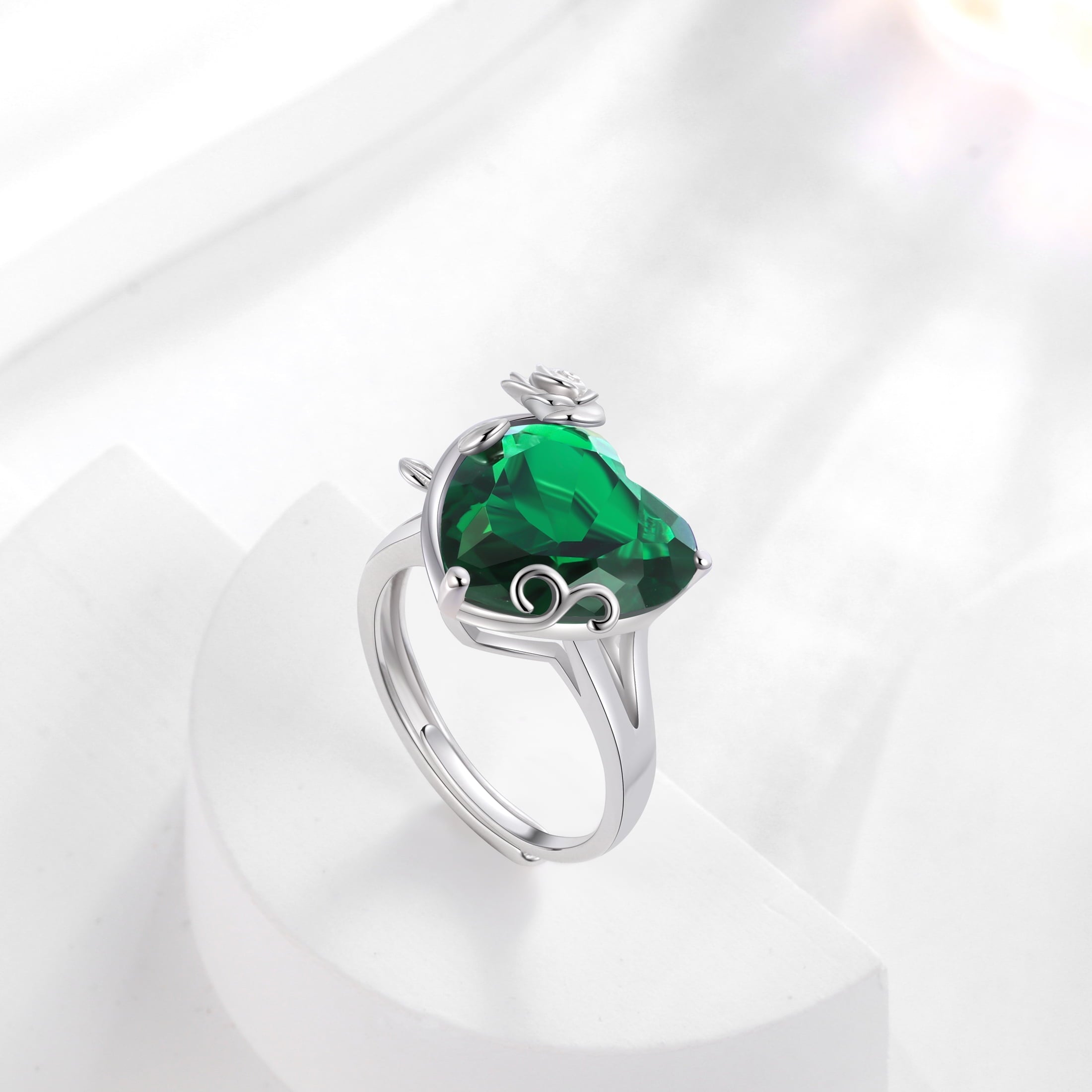 9Ct Women Heart Ring 925 Sterling Silver Rose Flower May Birthstone Emerald Green Solitaire Ring Jewelry Birthday Mother's Day Gift - Aurora Tears