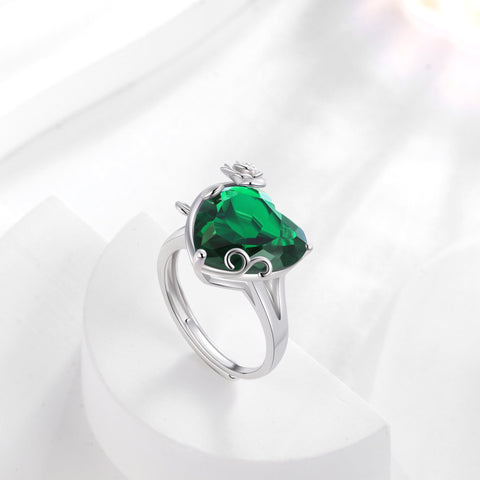 9Ct Women Heart Ring 925 Sterling Silver Rose Flower May Birthstone Emerald Green Solitaire Ring Jewelry Birthday Mother's Day Gift - Aurora Tears