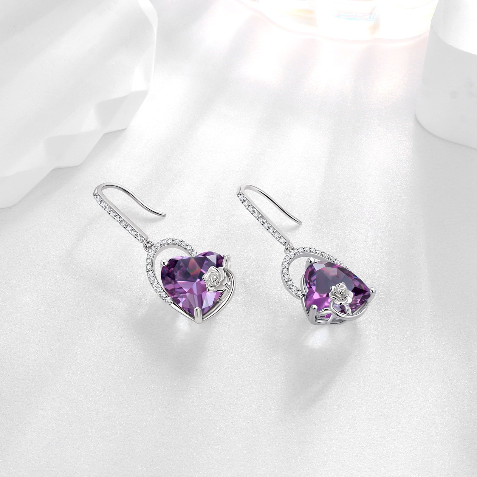 925 Sterling Silver Earrings Women Heart February Birthstone Hook Dangle Earring Amethyst Purple Rose Jewelry Mother Valentine's Day Gift - Aurora Tears