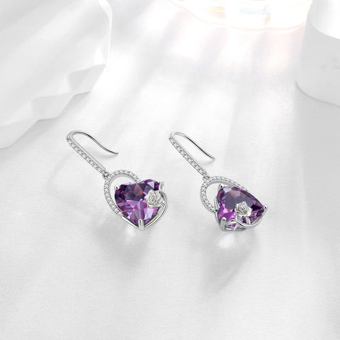 925 Sterling Silver Earrings Women Heart February Birthstone Hook Dangle Earring Amethyst Purple Rose Jewelry Mother Valentine's Day Gift - Aurora Tears