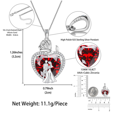 Couple Necklace for Women 925 Sterling Silver 15MM Heart January Birthstone Rose Flower Pendant Promise Engagement Jewelry Valentine's Day Gift for Her Wife Bride - Aurora Tears