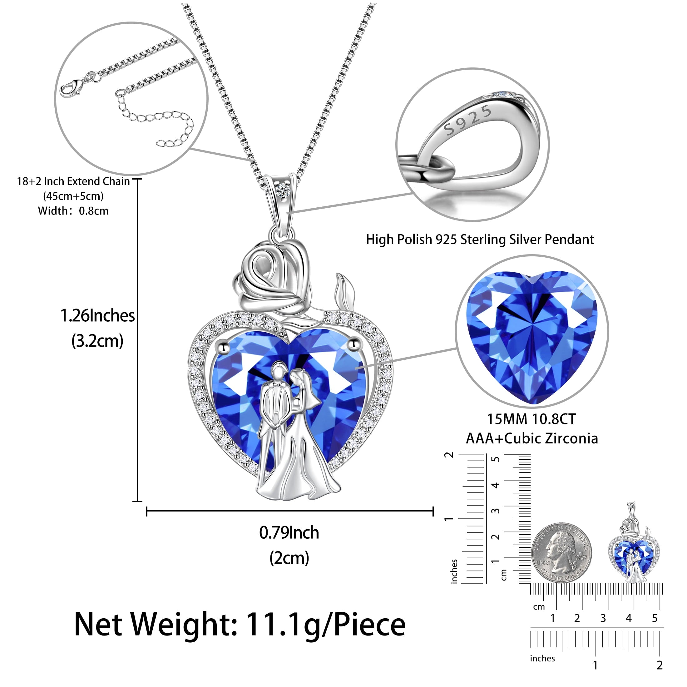 Couple Necklace for Women 925 Sterling Silver 15MM Heart December Birthstone Rose Flower Pendant Promise Engagement Jewelry Valentines Day Gift for Her Wife Bride - Aurora Tears