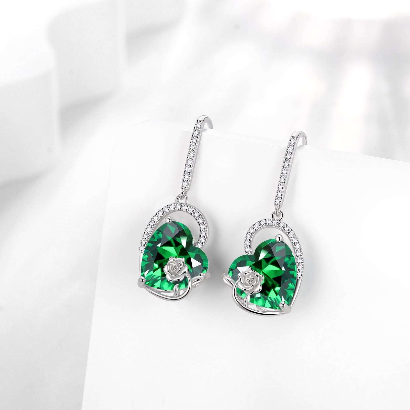 Cat Butterfly Earrings for Women 925 Sterling Silver Heart May Birthstone Hook Dangling Earring Emerald Green Rose Flower Jewelry Birthday Mother's Day Gift - Aurora Tears