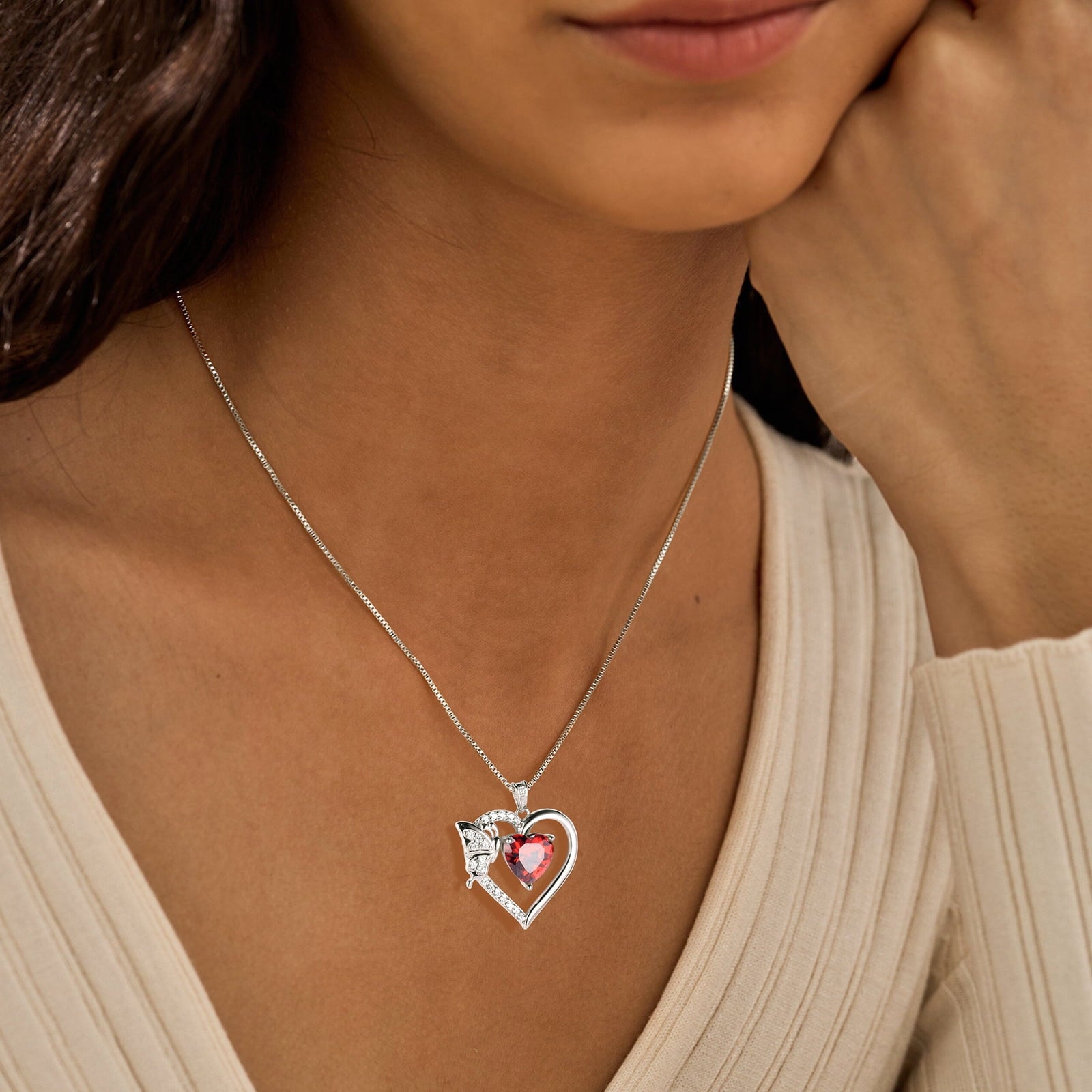 Women Red Heart Necklace Butterfly January Birthstone Necklace Garnet 925 Sterling Silver Pendant Jewelry Birthday Christmas Mother's Day Gifts - Aurora Tears