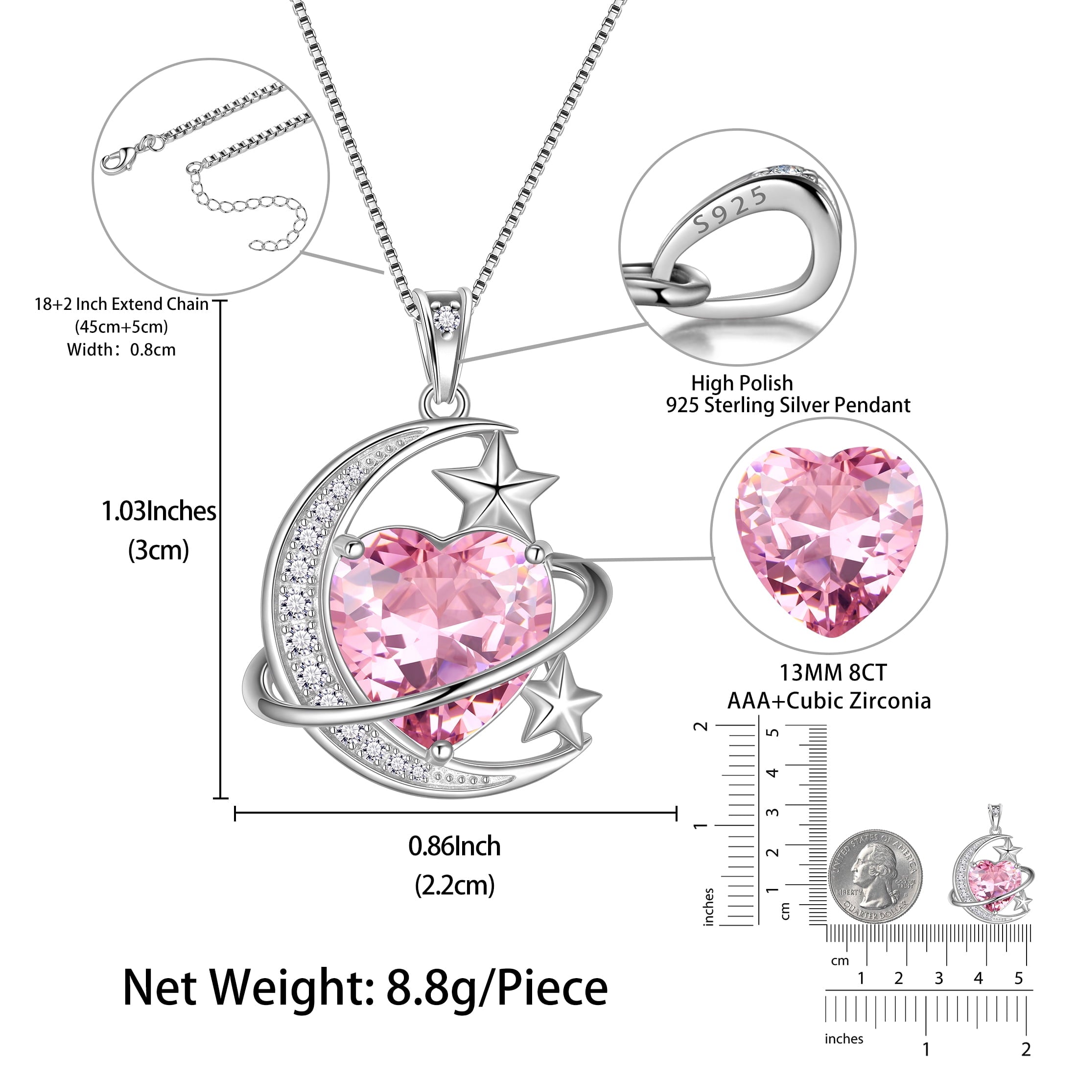 13MM Women Moon Star Necklace Heart October Birthstone 925 Sterling Silver Pendant Pink Tourmaline Plane Jewelry Christmas Birthday Valentine's Day Gift for Her/Wife/Mother - Aurora Tears