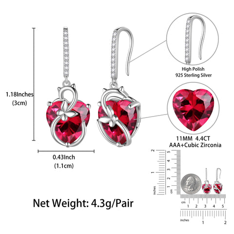 Cat Butterfly Earrings for Women 925 Sterling Silver Earrings Dangle Drop Hook Red Heart Ruby July Birthstone Jewelry Mother Christmas Birthday Valentine's Day Gifts for Wife Girlfriend - Aurora Tears