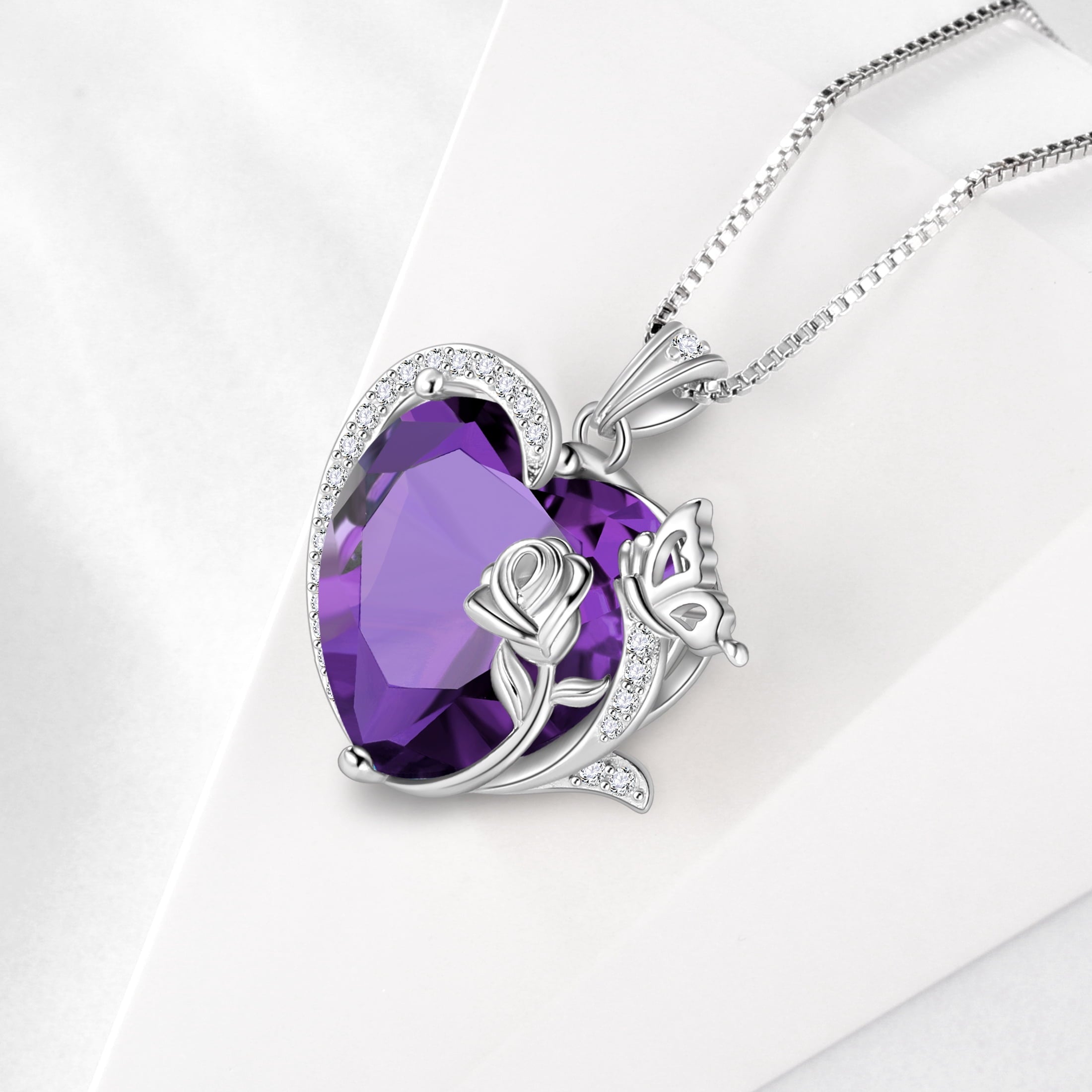 Women Heart Necklace Butterfly Rose Flower Pendant February Birthstone Amethyst Purple 925 Sterling Silver Jewelry Mom Valentine's Day Gifts - Aurora Tears