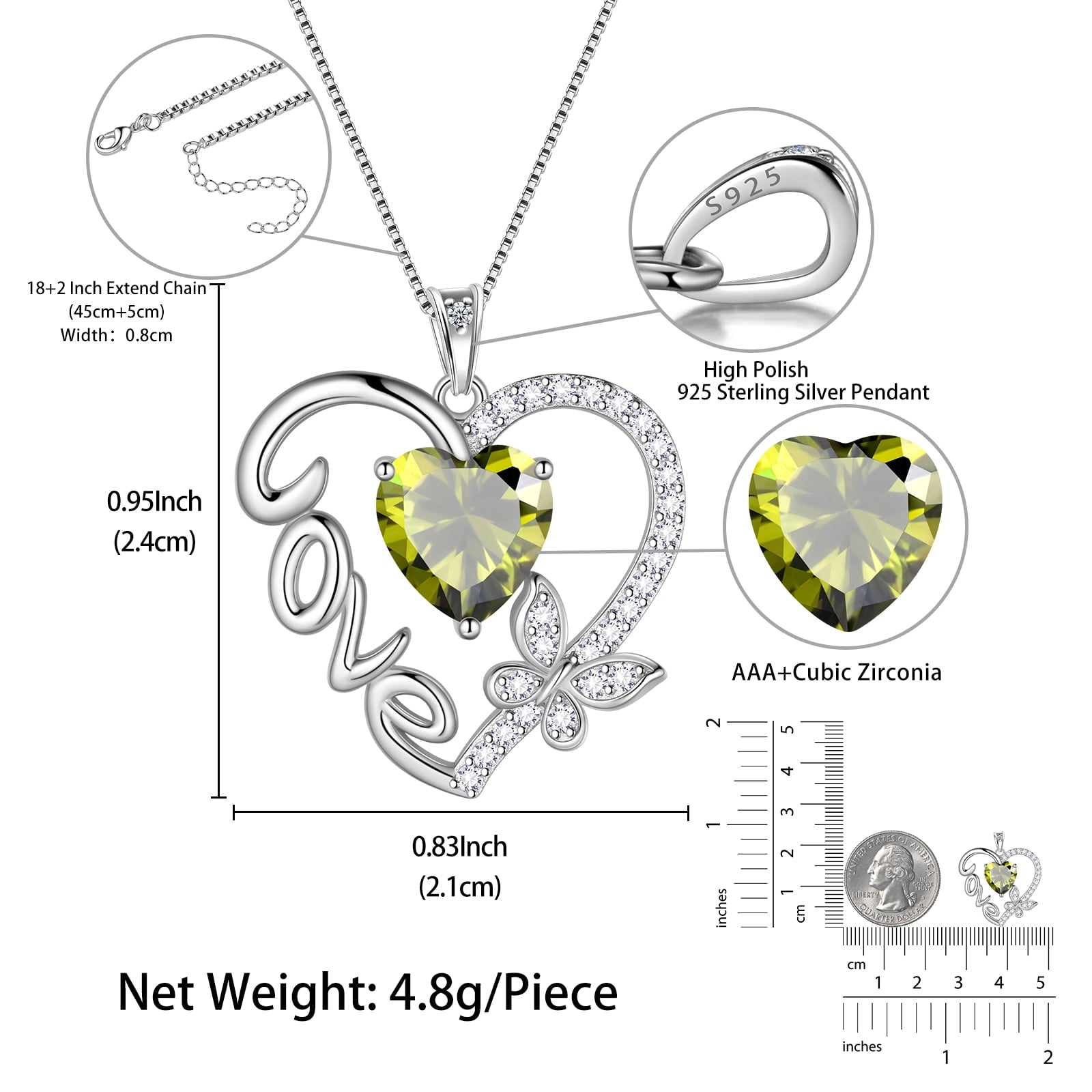 Women Green Love Heart Necklace Butterfly August Birthstone Necklace Peridot CZ 925 Sterling Silver Pendant Jewelry Christmas Birthday Mother's Day Gift - Aurora Tears