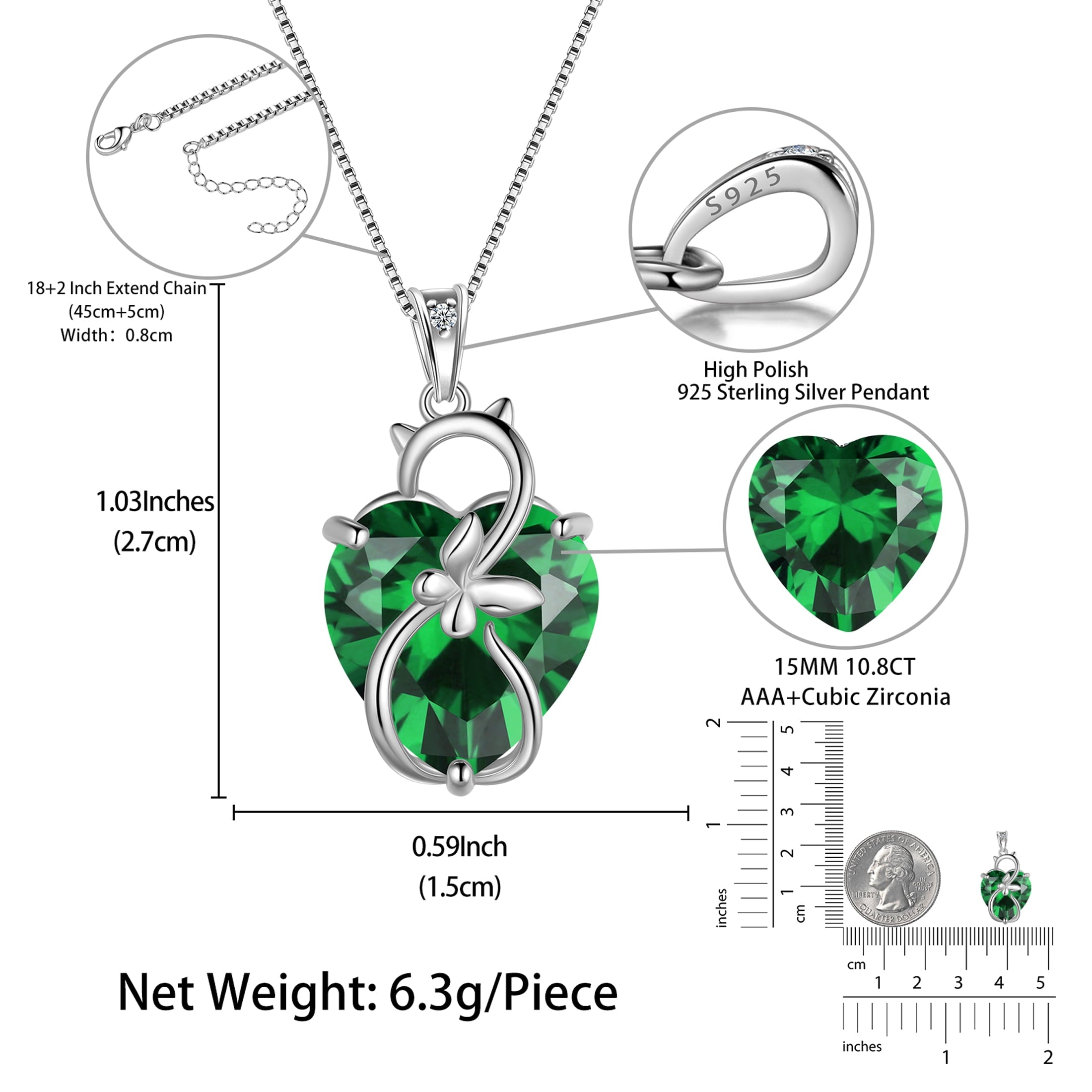 15MM Women Cat Necklace Heart May Birthstone 925 Sterling Silver Pendant Green Emerald Butterfly Jewelry Mom Birthday Mother's Day Gift - Aurora Tears