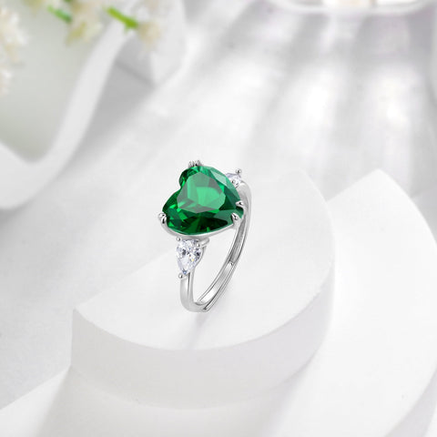 6Ct Women Heart Emerald Rings 925 Sterling Silver Green May Birthstone Ring Open Band Jewelry Birthday Christmas Mom Grandma Mother's Day Gift - Aurora Tears