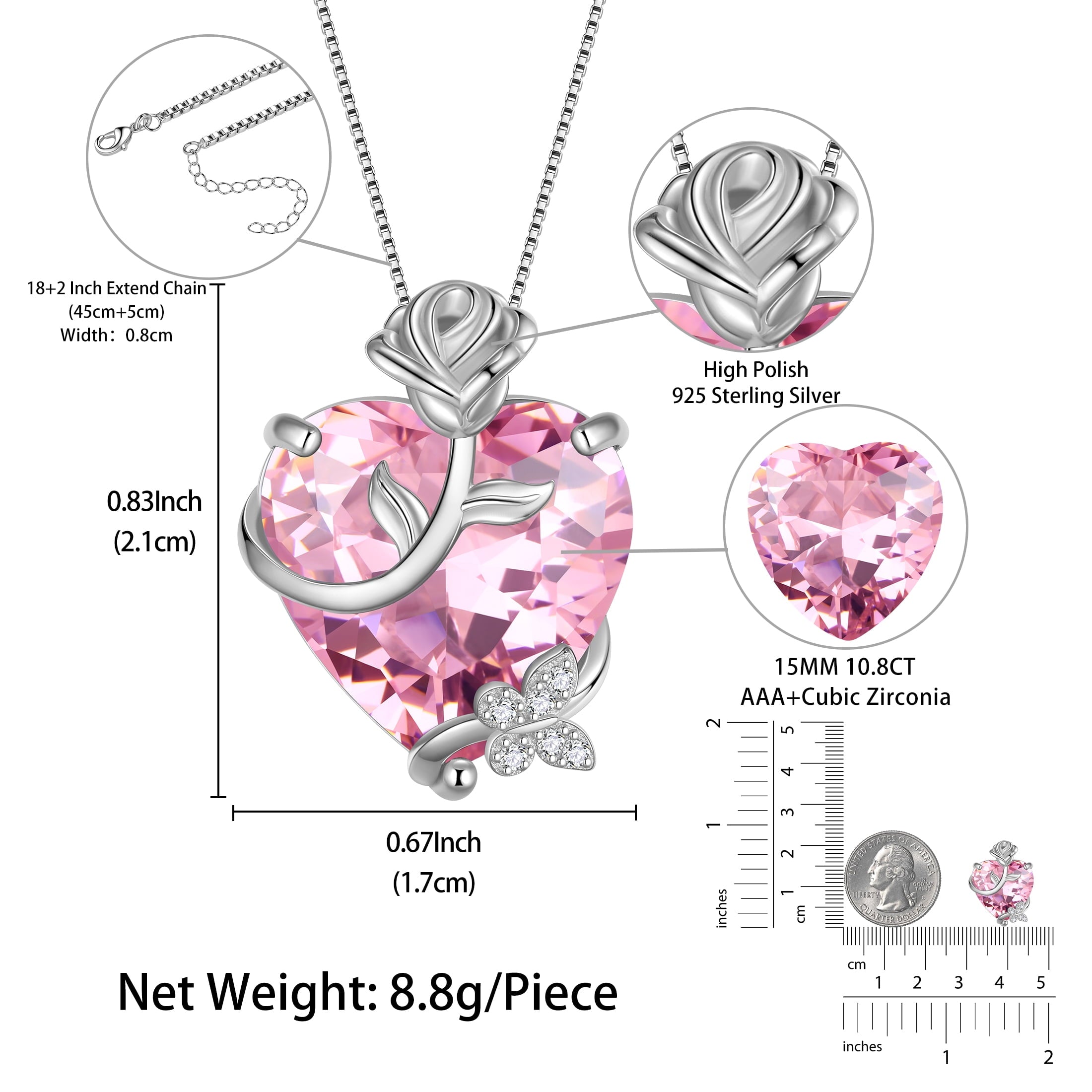 15MM Women Rose Heart Necklace October Birthstone 925 Sterling Silver Butterfly Flower Pendant Pink Tourmaline Jewelry Mother Valentine's Day Gifts - Aurora Tears