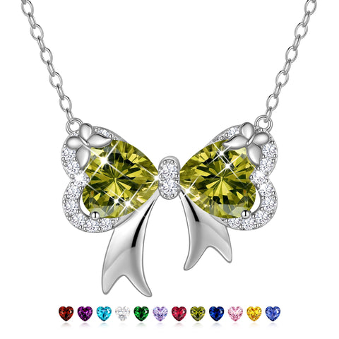 Juwaliy Silver Plated Buttefly Necklace for Women, August Birthstone Peridot Green Bow Tie Pendant Jewelry Christmas Birthday Valentines Gift for Mother/Wife/Daughter