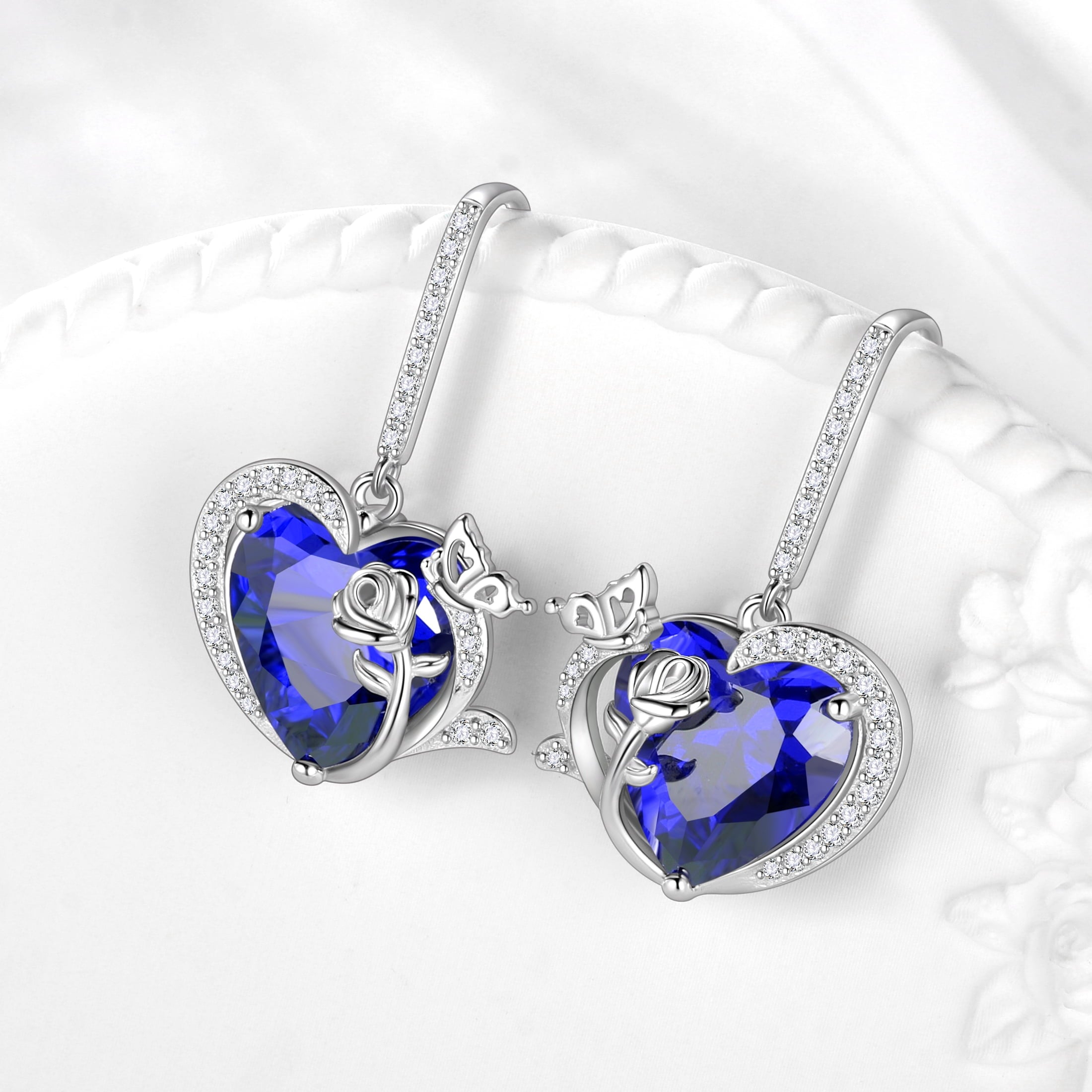 Women September Birthstone Drop Earrings Heart Blue Sapphire Butterfly Flower Jewelry 925 Sterling Silver Hook Earring Mother's Day Gift - Aurora Tears