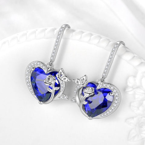 Women September Birthstone Drop Earrings Heart Blue Sapphire Butterfly Flower Jewelry 925 Sterling Silver Hook Earring Mother's Day Gift - Aurora Tears