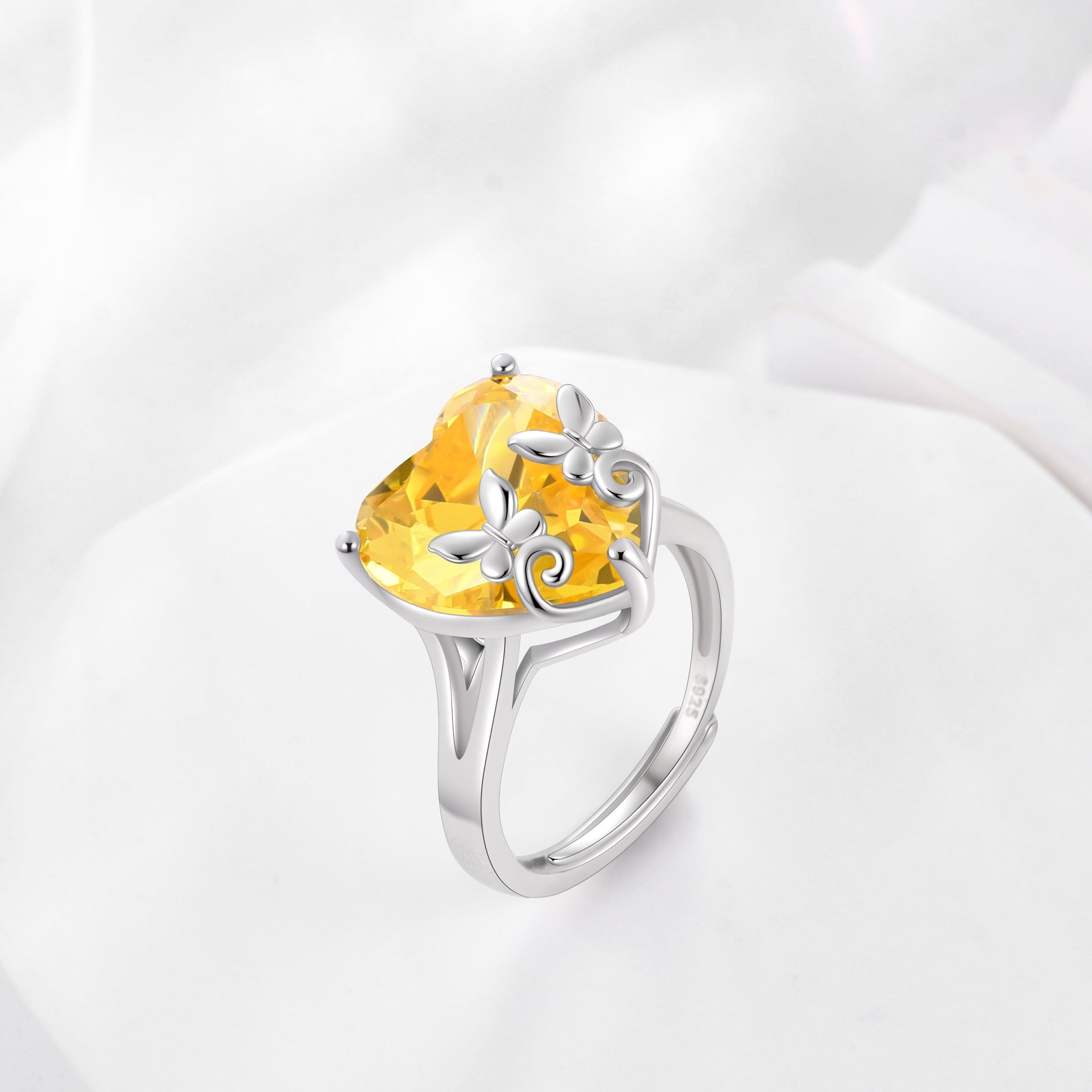 9Ct Women Heart Ring 925 Sterling Silver Butterfly November Birthstone Citrine Solitaire Ring Jewelry Christmas Thanksgiving Gift for Mother - Aurora Tears