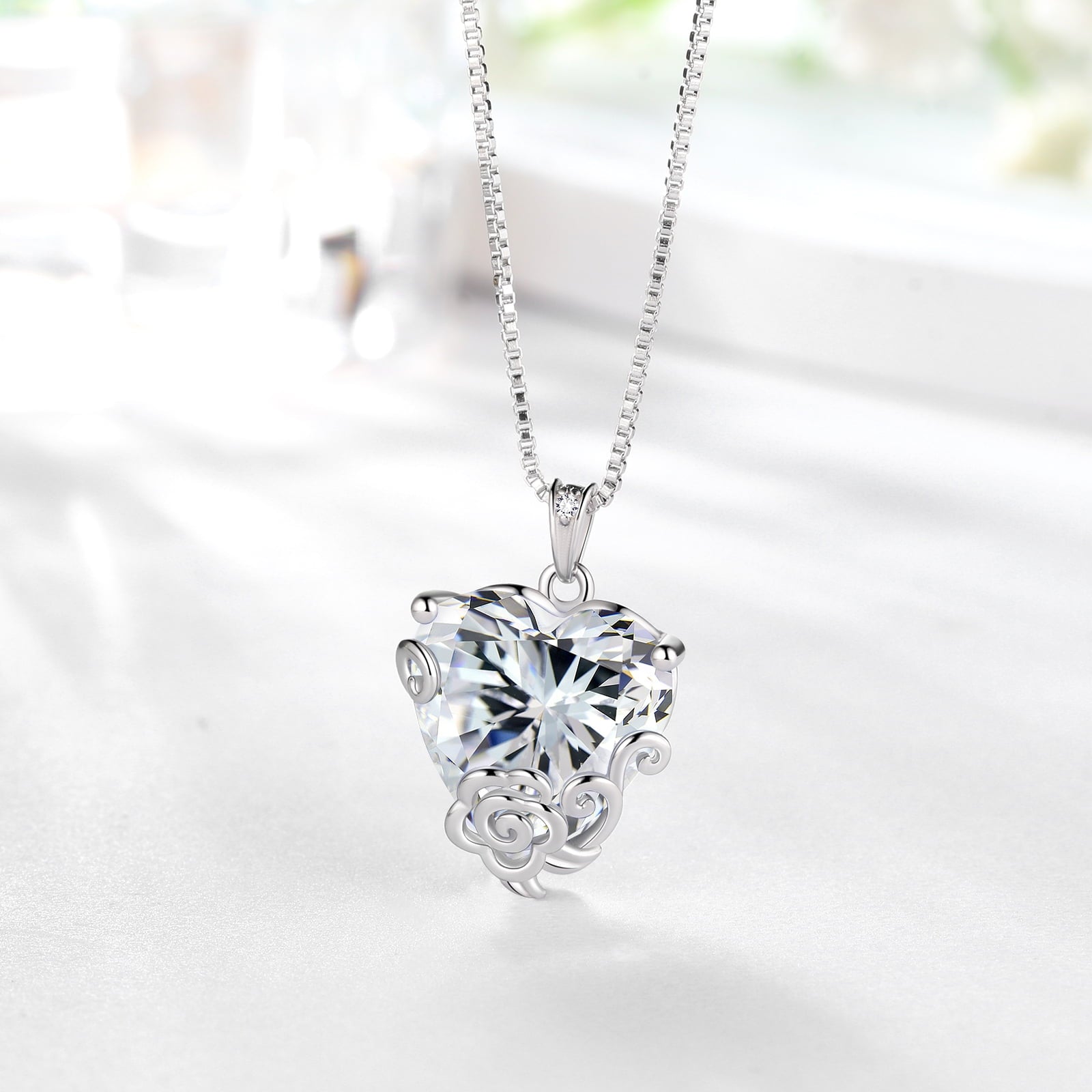 Women Heart Necklace April Birthstone Diamond Crystal Bridal Jewelry 925 Sterling Silver Rose Pendant Mom Birthday Valentine's Day Gift - Aurora Tears