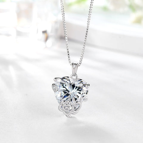 Women Heart Necklace April Birthstone Diamond Crystal Bridal Jewelry 925 Sterling Silver Rose Pendant Mom Birthday Valentine's Day Gift - Aurora Tears
