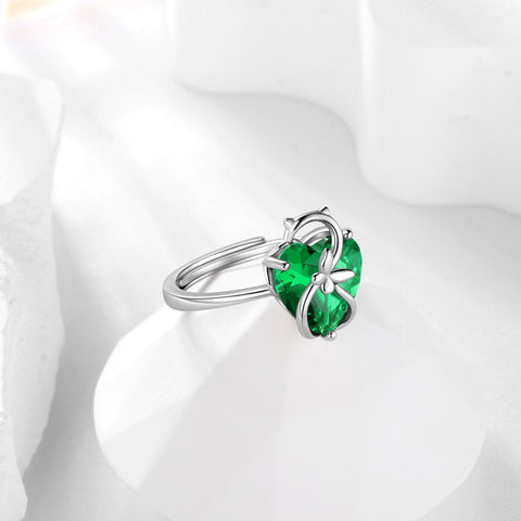 Women Heart Ring 925 Sterling Silver Cat Butterfly May Birthstone Emerald Green Solitaire Ring Jewelry Cat Lover Birthday Mother's Day Gift - Aurora Tears