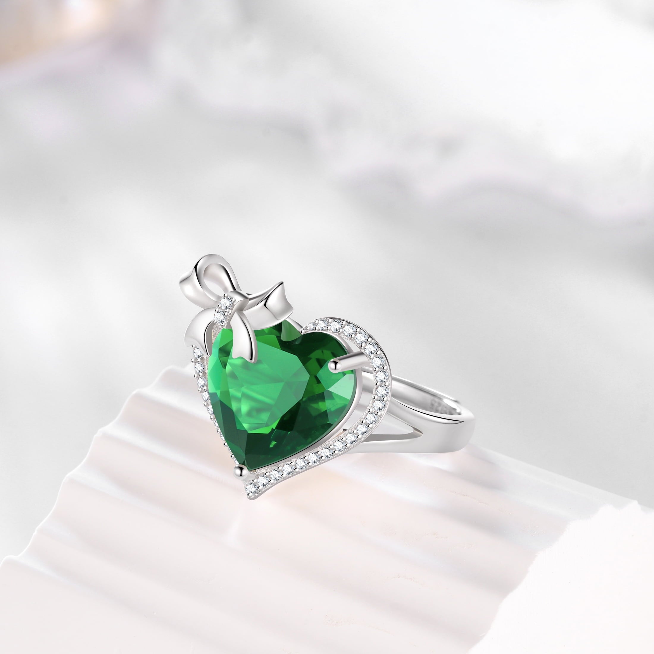 6Ct Heart Women Ring Bow Kont Ribbon 925 Sterling Silver May Birthstone Emerald Ring Green Solitaire Jewelry Valentines Mothers Day Gift for Mom Grandma - Aurora Tears
