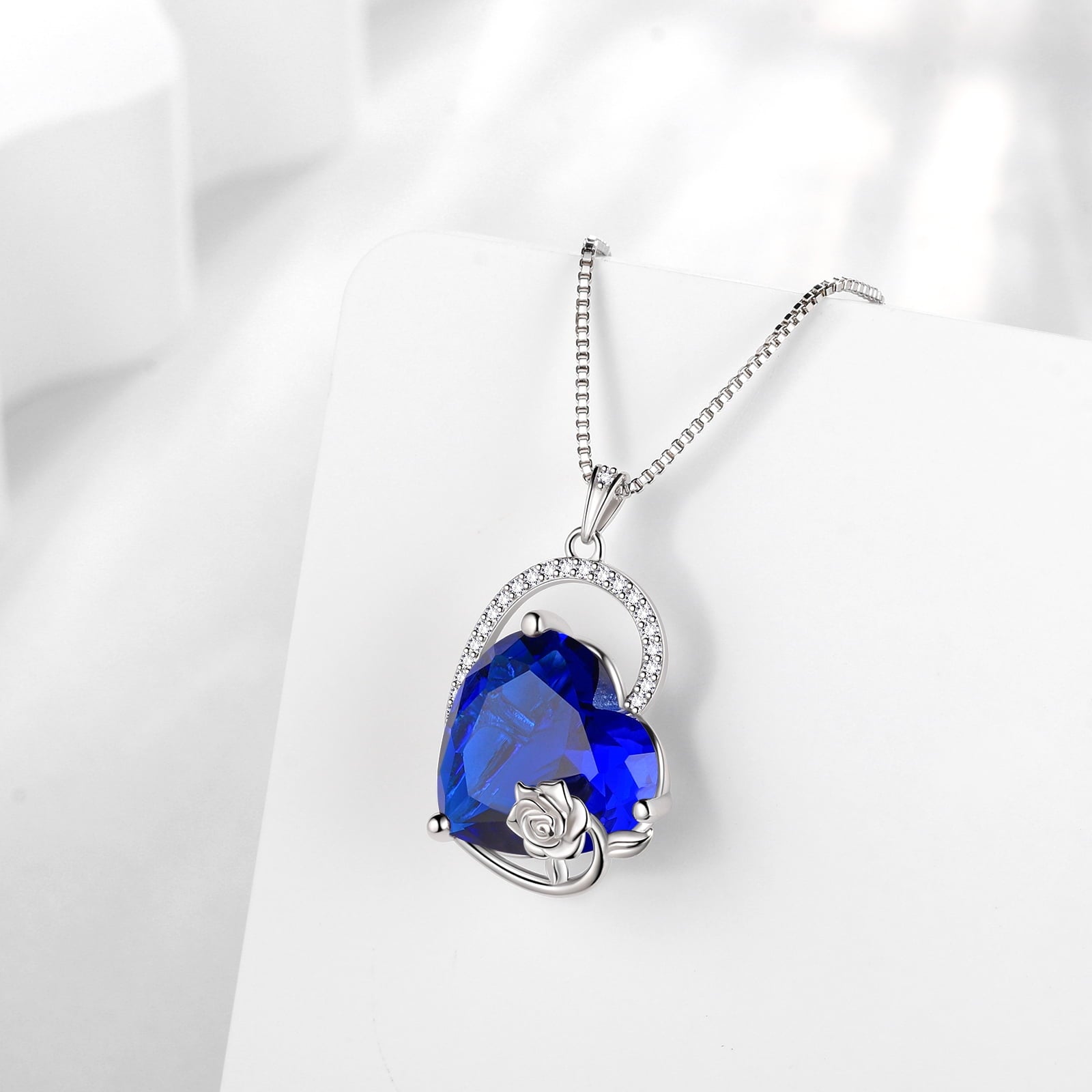 925 Sterling Silver 15MM Heart Necklace Women September Birthstone Sapphire Blue Jewelry Rose Flower Pendant Mom Christmas Valentine's Day Gift for Her - Aurora Tears