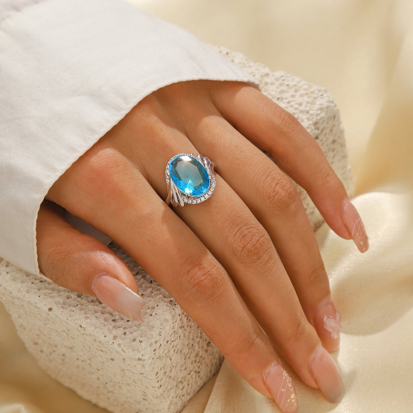 Women 8Ct Blue Aquamarine Ring 925 Sterling Silver Halo Oval March Birthstone Ring Jewelry Mom Birthday Christmas Mother's Day Gift - Aurora Tears