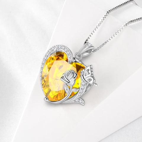 Women Necklace Butterfly Rose Flower Heart Pendant November Birthstone Citrine Yellow Jewelry 925 Sterling Silver Mom Christmas Birthday Gift - Aurora Tears