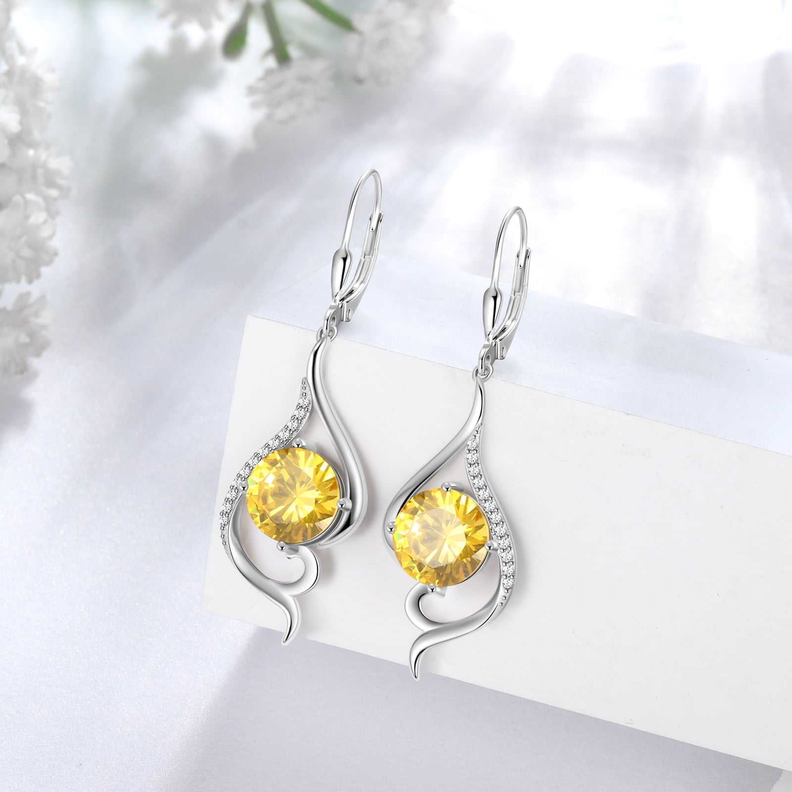 Women Dangle Earrings Citrine November Birthstone Sterling Silver Leverback Earrings Yellow CZ Tail Jewelry Christmas Valentine Birthday Mother's Day Gift for Her - Aurora Tears