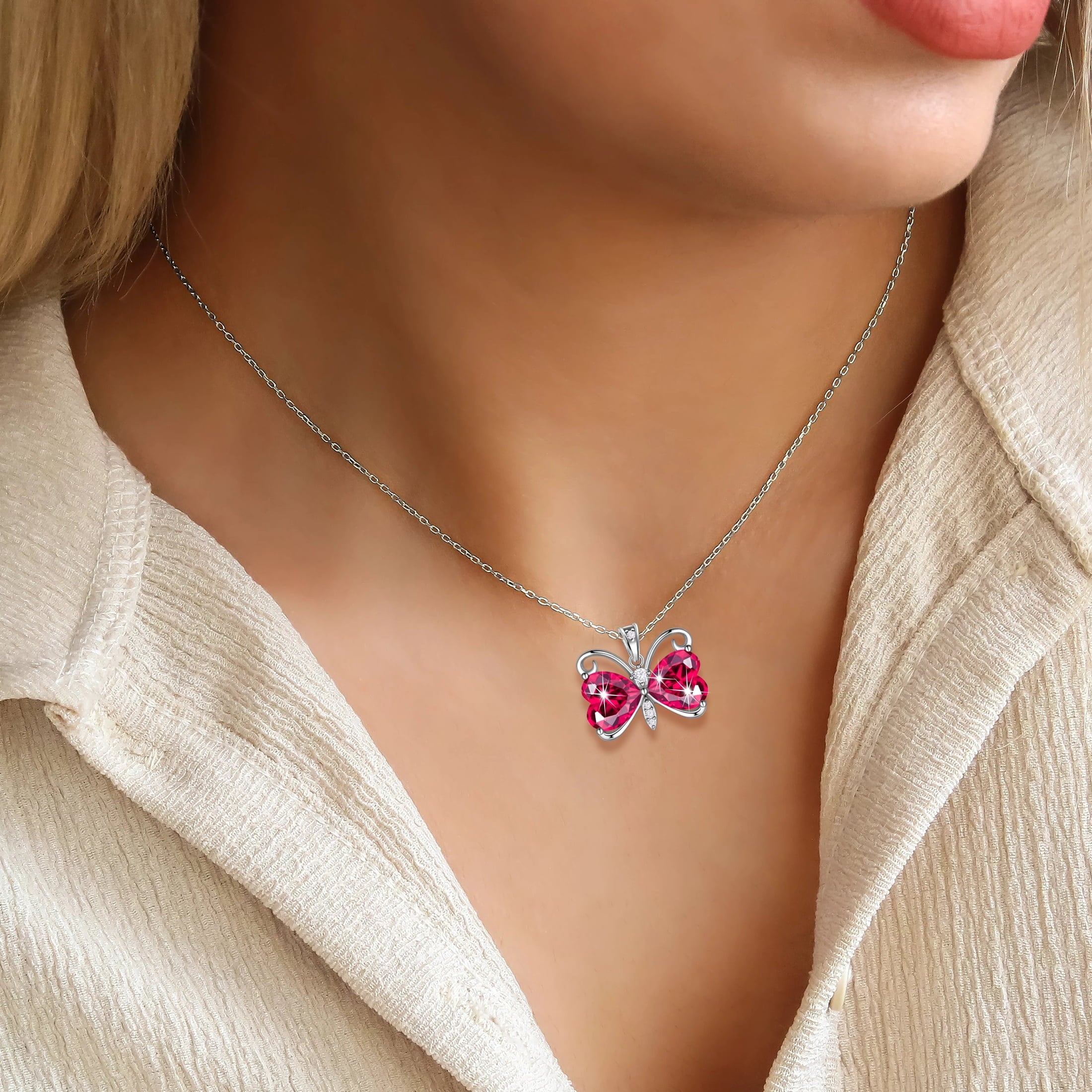 Women Red Butterfly Necklace Heart July Birthstone Necklace Ruby Crystal Silver Plated Pendant Jewelry Wife Wedding Birthday Mother's Day Gift - Aurora Tears