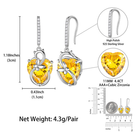 Cat Butterfly Earrings for Women 925 Sterling Silver Earrings Dangle Drop Hook Yellow Heart Citrine November Birthstone Jewelry Christmas Valentines Birthday Mothers Day Gifts for Mom Wife - Aurora Tears