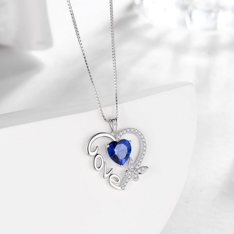 Women Blue Love Heart Necklace Butterfly September Birthstone Necklace Sapphire 925 Sterling Silver Pendant Jewelry Christmas Birthday Mother's Day Gift - Aurora Tears
