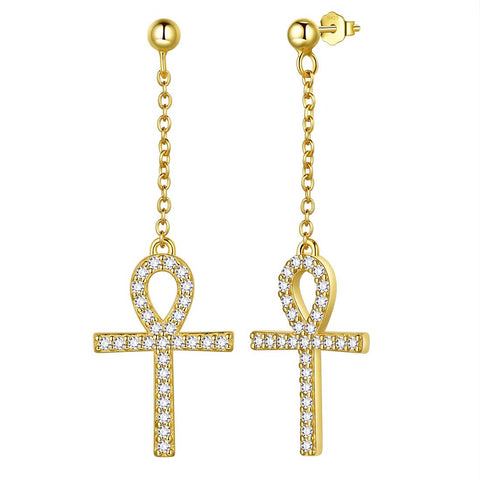 Ankh Cross Dangle Boucles d’oreilles Femmes Hommes Bijoux Argent Sterling