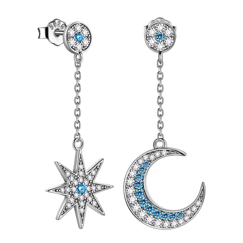 Women Asymmetric Celestial Moon & Star Dangle Earrings 925 Sterling Silver - Aurora Tears Jewelry