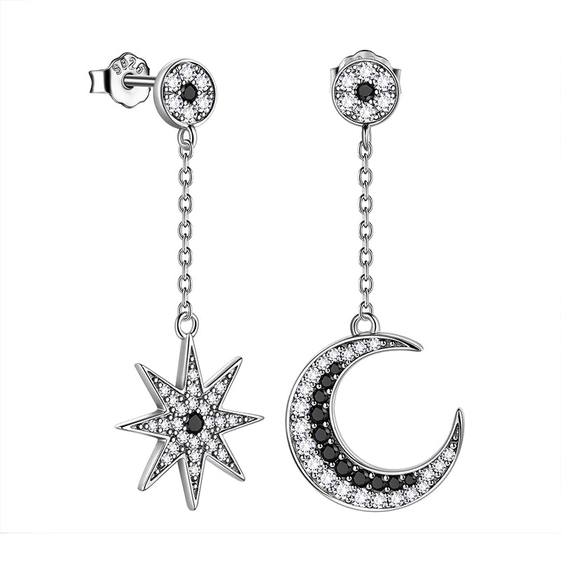 Women Asymmetric Celestial Moon & Star Dangle Earrings 925 Sterling Silver - Aurora Tears Jewelry