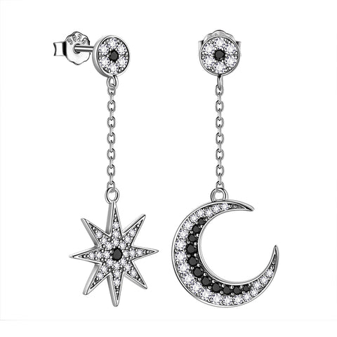 Asymmetric Celestial Moon & Star Dangle Earrings 925 Sterling Silver