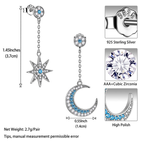 Asymmetrische himmlische Mond- und Stern-Ohrhänger für Damen aus 925er Sterlingsilber